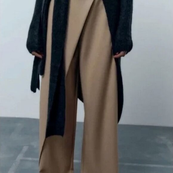 Zara Wrap Effect Wide Pants Tan Beige M High Waisted Wide Legs pareo trousers - Picture 6 of 17